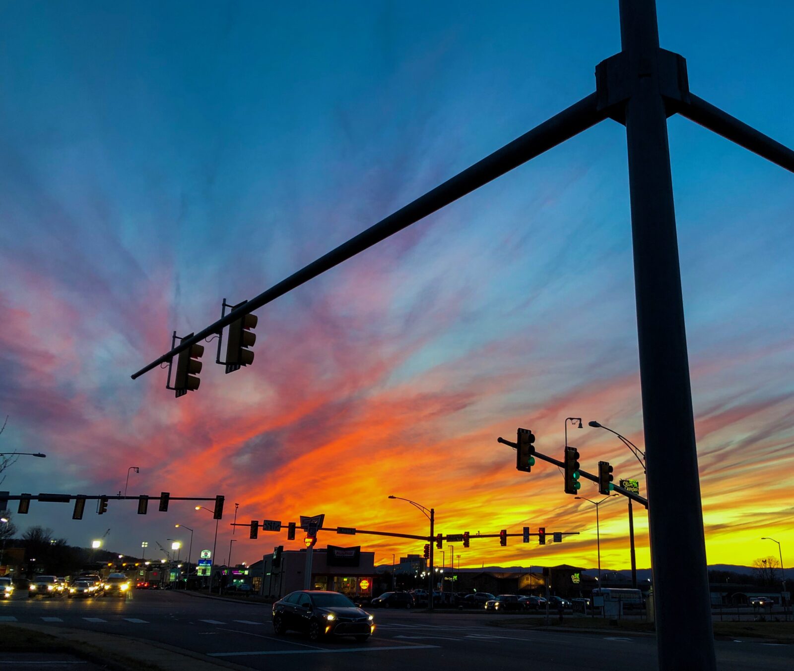 A street scene at Sunset