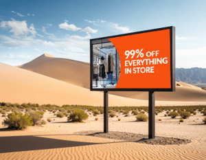 A billboard in the desert with a offer that reads 99% off everything in store